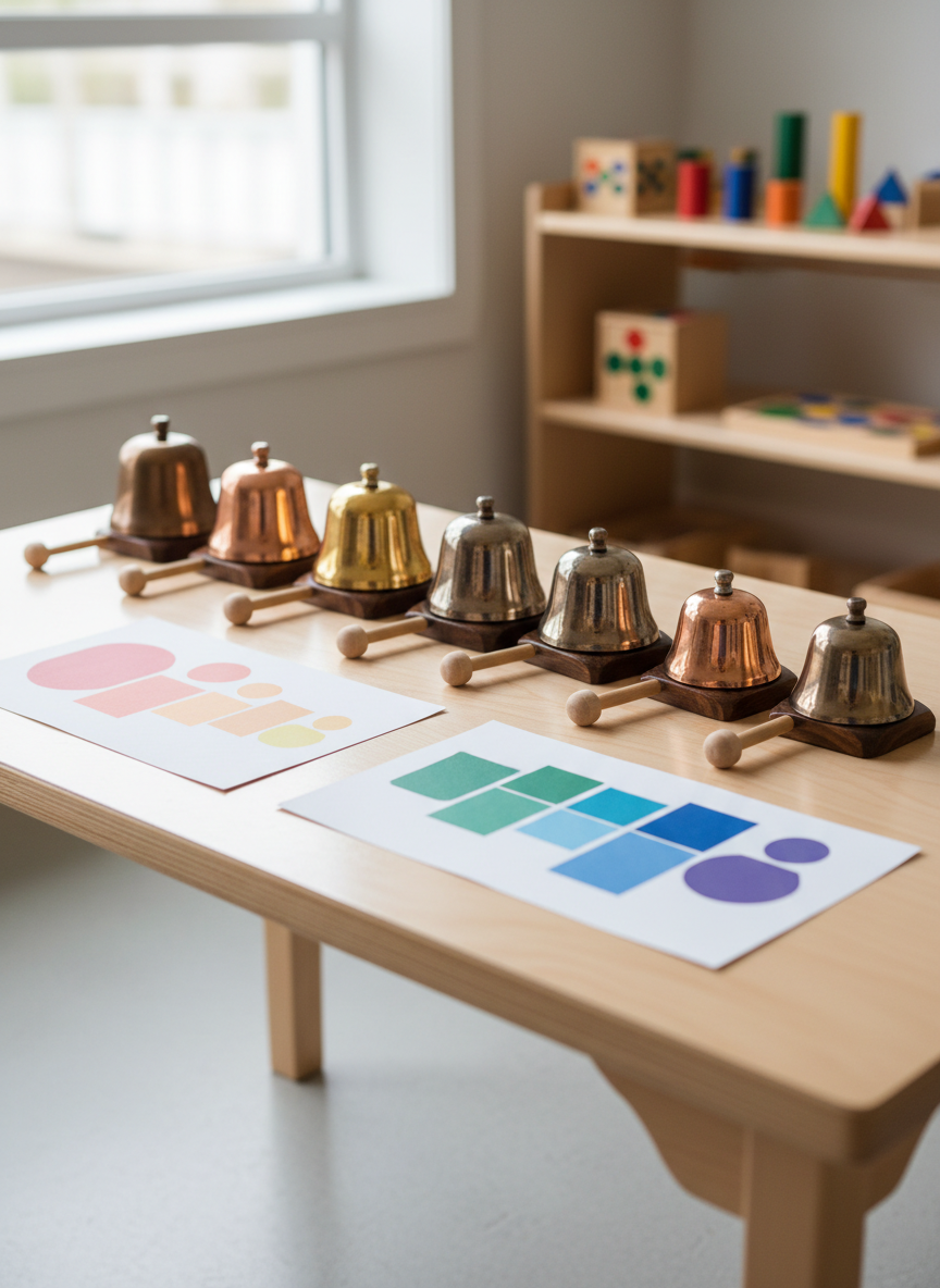 A close-up, photographic view of a low Montessori work table set for an individualized music activity, displaying a sequence of finely crafted wooden bells on stands, each with a distinct metallic sheen and precise tuning mallets beside them. Adjacent matching color-coded control charts lie flat on the smooth, pale wood surface, their shapes indicating pitch differences without using text. In the background, slightly out of focus, are open shelves with neatly ordered sensorial materials, suggesting integration of music with broader Montessori work. Soft diffused daylight from a nearby window creates delicate reflections on the bells’ curved surfaces and subtle shadows under the table. The atmosphere feels focused and purposeful, with an eye-level, centered composition that highlights careful preparation, professional tone, and authentic Montessori music education in photographic realism.