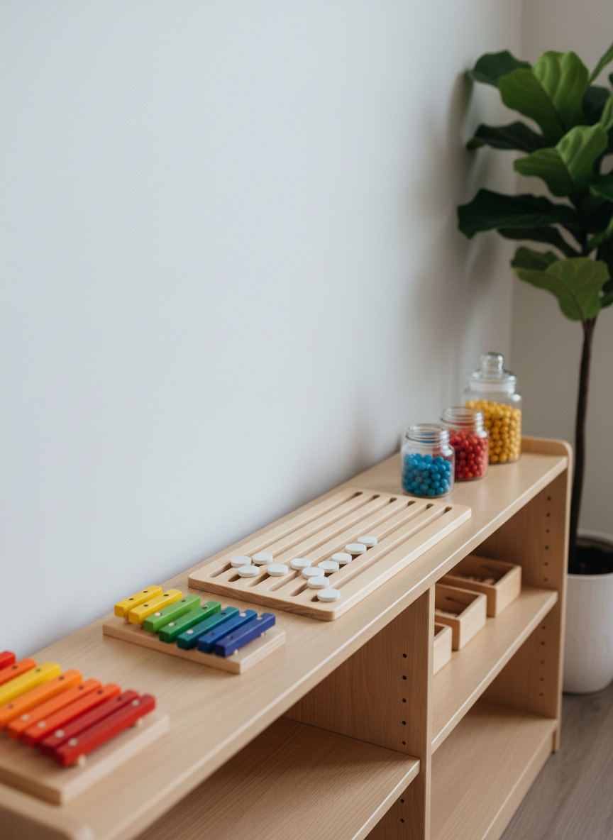 A professionally styled, photographic image of a Montessori music theory corner, showcasing a long, low wooden shelf with hands-on materials that translate sound into visual patterns: colored wooden bars arranged by length and pitch, a series of movable note-head tokens placed along a tactile staff track, and clear jars filled with matching colored beads for rhythm counting. The shelf stands against a soft white wall with a single potted green plant adding organic texture. Gentle overcast daylight fills the room, creating even, shadow-free illumination that highlights the precision of each material. Captured at a slight diagonal from child’s-eye height, the composition uses leading lines of the shelf to guide the viewer through the sequence of activities. The atmosphere is structured yet inviting, emphasizing Montessori pedagogy and conceptual music understanding in clean photographic realism.