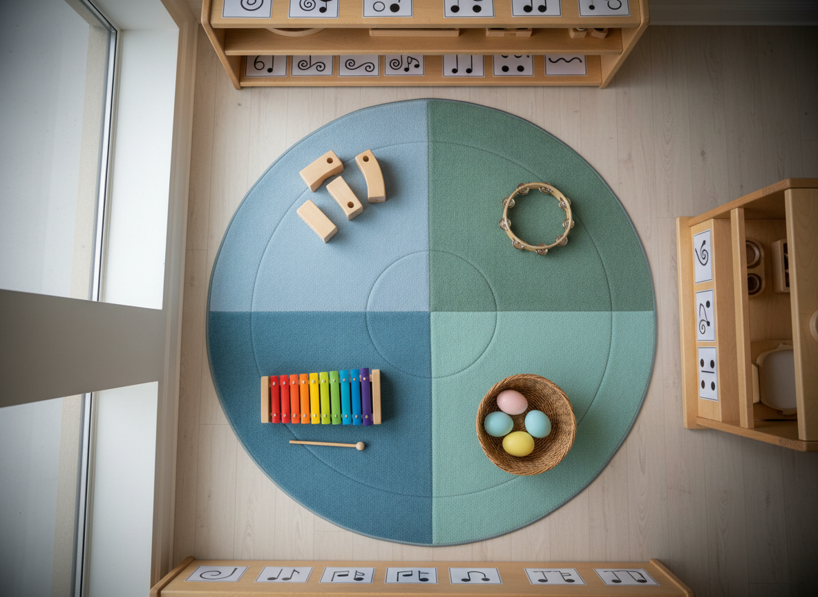 An overhead, photographic shot of a circular Montessori music rug in muted blues and greens, divided subtly into segments, each containing a different set of child-sized instruments: smooth wooden rhythm blocks, a small natural-finish tambourine, paired egg shakers in a woven basket, and a simple glockenspiel with rainbow metal bars. Around the rug, low shelves display organized music notation cards using abstract symbols instead of text, supporting self-directed exploration. Soft, even natural light from large side windows illuminates the scene without harsh shadows, creating a serene and structured atmosphere. The composition uses a bird’s-eye view to emphasize order, variety, and accessibility, with crisp focus and gentle vignetting at the edges. The image conveys an engaging, age-appropriate space for music learning within a professional Montessori environment, rendered in clean photographic realism.