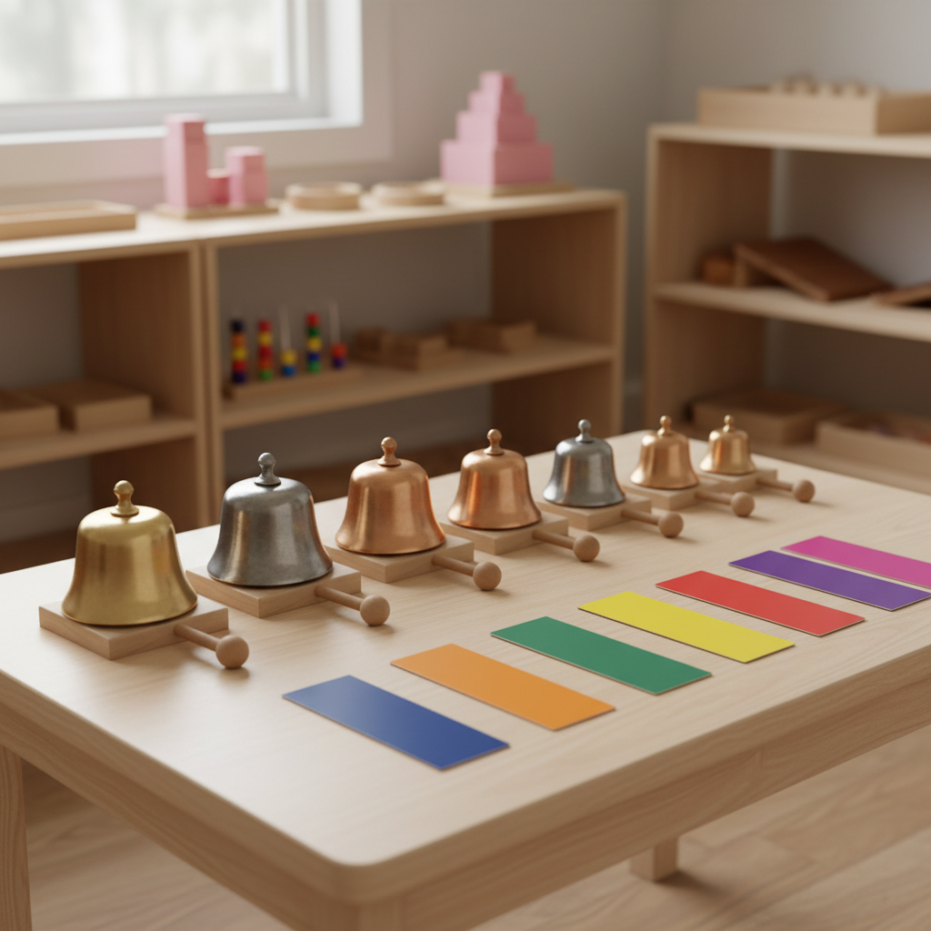 A close-up, photographic view of a low Montessori work table set for an individualized music activity, displaying a sequence of finely crafted wooden bells on stands, each with a distinct metallic sheen and precise tuning mallets beside them. Adjacent matching color-coded control charts lie flat on the smooth, pale wood surface, their shapes indicating pitch differences without using text. In the background, slightly out of focus, are open shelves with neatly ordered sensorial materials, suggesting integration of music with broader Montessori work. Soft diffused daylight from a nearby window creates delicate reflections on the bells’ curved surfaces and subtle shadows under the table. The atmosphere feels focused and purposeful, with an eye-level, centered composition that highlights careful preparation, professional tone, and authentic Montessori music education in photographic realism.