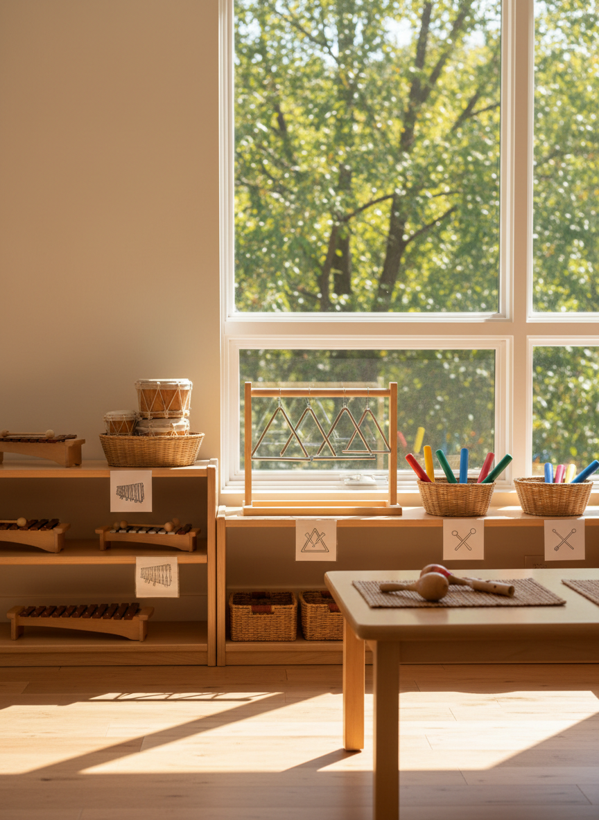 A sunlit Montessori music classroom photographed in realistic detail, featuring low wooden shelves neatly arranged with child-sized percussion instruments: natural wood xylophones, small hand drums with taut leather surfaces, polished metal triangles, and colorful rhythm sticks. Each material basket is labeled with simple picture icons, emphasizing independent choice. The instruments rest on a smooth birch table near a large window framing leafy trees outside. Soft late-morning natural light washes across the room, creating gentle shadows on the light hardwood floor. The mood is calm, orderly, and inviting, reflecting a professional learning environment. Captured at eye level with sharp focus throughout, the composition follows the rule of thirds, drawing the eye from the carefully prepared materials to the bright, uncluttered Montessori space beyond in clean, photographic realism.