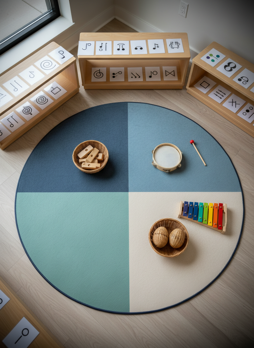 An overhead, photographic shot of a circular Montessori music rug in muted blues and greens, divided subtly into segments, each containing a different set of child-sized instruments: smooth wooden rhythm blocks, a small natural-finish tambourine, paired egg shakers in a woven basket, and a simple glockenspiel with rainbow metal bars. Around the rug, low shelves display organized music notation cards using abstract symbols instead of text, supporting self-directed exploration. Soft, even natural light from large side windows illuminates the scene without harsh shadows, creating a serene and structured atmosphere. The composition uses a bird’s-eye view to emphasize order, variety, and accessibility, with crisp focus and gentle vignetting at the edges. The image conveys an engaging, age-appropriate space for music learning within a professional Montessori environment, rendered in clean photographic realism.
