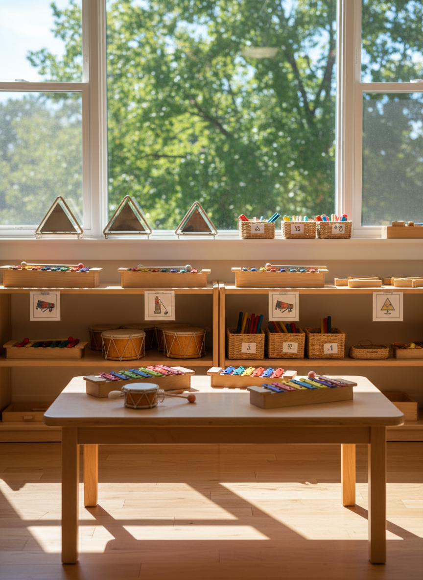 A sunlit Montessori music classroom photographed in realistic detail, featuring low wooden shelves neatly arranged with child-sized percussion instruments: natural wood xylophones, small hand drums with taut leather surfaces, polished metal triangles, and colorful rhythm sticks. Each material basket is labeled with simple picture icons, emphasizing independent choice. The instruments rest on a smooth birch table near a large window framing leafy trees outside. Soft late-morning natural light washes across the room, creating gentle shadows on the light hardwood floor. The mood is calm, orderly, and inviting, reflecting a professional learning environment. Captured at eye level with sharp focus throughout, the composition follows the rule of thirds, drawing the eye from the carefully prepared materials to the bright, uncluttered Montessori space beyond in clean, photographic realism.
