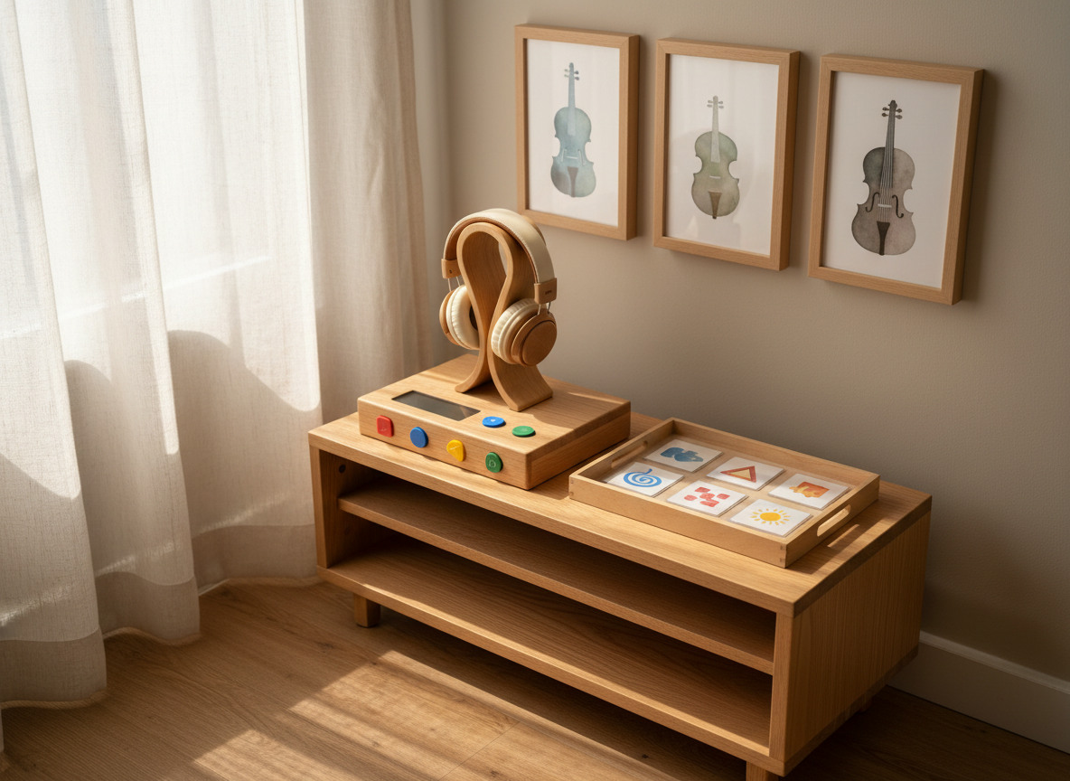 A finely detailed, photographic scene of a Montessori-inspired recording and listening nook, featuring a compact wooden media console at child height, holding a simple digital audio player with large, color-coded buttons and sturdy, padded over-ear headphones resting on a smooth wooden stand. Next to it, a shallow tray contains laminated picture cards representing different musical pieces using abstract icons instead of written titles. Behind, a soft, neutral-toned wall displays framed, text-free prints of classical instruments in muted colors. Warm afternoon light filters through sheer curtains, creating a gentle glow and soft shadows across the console’s grain. The composition is framed from a slightly elevated angle, highlighting accessibility and independence. The mood is peaceful and contemplative, underscoring professional, structured music education within a Montessori context in realistic, modern photographic style.